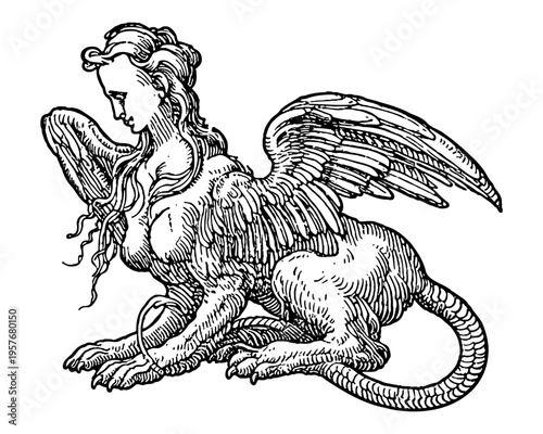 Greek sphinx vintage engraving, winged mythological creature black and white illustration