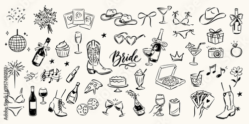Bride Bachelorette Party Doodle Collection with Wedding, Drinks, Fashion and Celebration Elements
