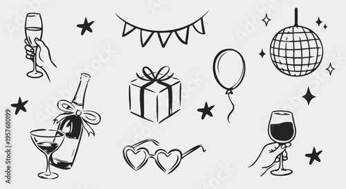 Hand drawn birthday party doodles set with champagne glasses, gift box, balloons, disco ball and festive elements isolated on white background