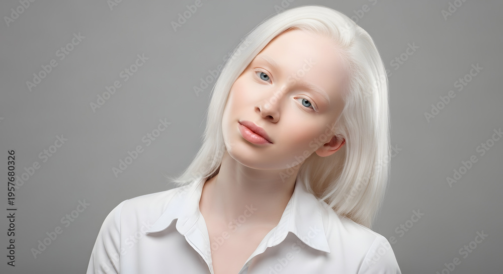 Fototapeta premium Albino woman with white hair and blue eyes looking up, Generated by AI