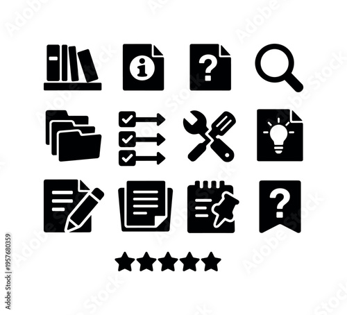 Solid vector icons of customer support service knowledge base: knowledge base library, help article, FAQ document, search help,