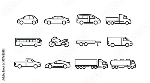Line style vector icons of highway vehicles: compact car, sedan outline, minivan tile, semi-truck rig, bus silhouette, motorcycle