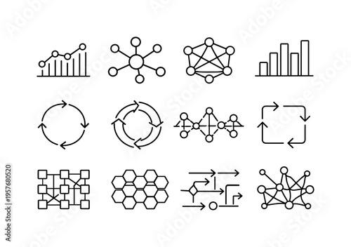 Line style vector icons of cyber security endpoint protection: interval line, signal node, signal mesh, variation bar, cycle line