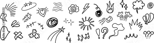 Bring your designs to life with this expressive set of vector doodles. Featuring a variety of comic-style elements like hearts, lightning bolts, music notes, speech bubbles, and explosion effects, thi