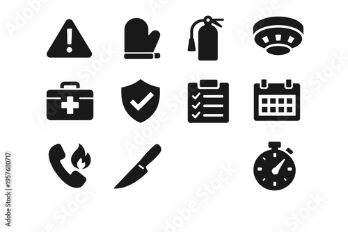 Assorted safety icons including fire extinguisher, first aid, and emergency phone