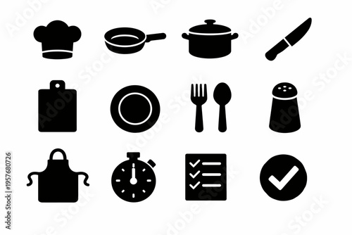 Kitchen utensils icons: chef hat, pan, pot, knife, cutting board, plate, cutlery, salt shaker, apron, timer, checklist, checkmark