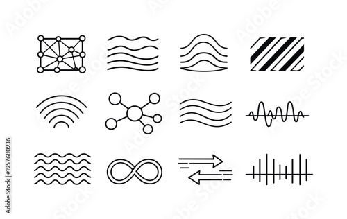 Line style vector icons of email marketing campaign engagement tracking: pattern mesh, variation band, rhythm contour, pattern