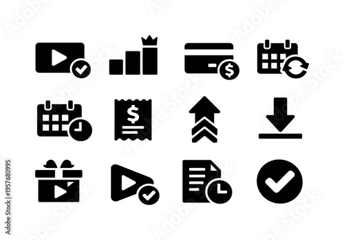Solid vector icons of video streaming platform subscription and billing: subscription plan, pricing tiers, payment method,