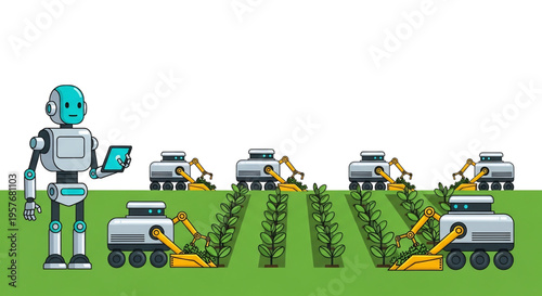 Robot supervising automated tractors working across a large agricultural field.
