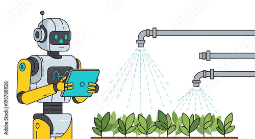 Robot spraying water or chemicals on plants in a smart irrigation system.