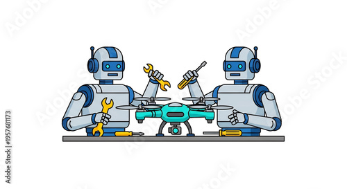 Robots collaborating on mechanical assembly in a workshop environment.
