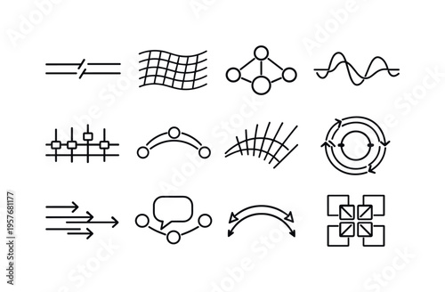 Line style vector icons of personalization: phase stripe, transition mesh, sync node, wave contour, timing bar, variation arc,