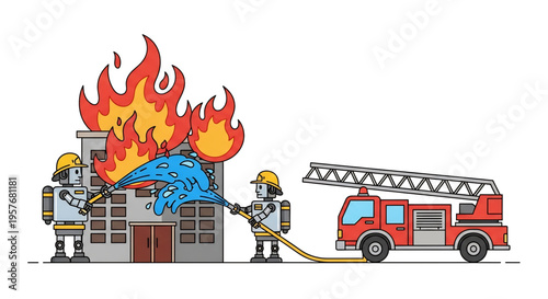 Firefighting robot extinguishing a building fire with emergency vehicles nearby.
