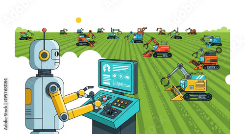 Robot controlling agricultural operations using a digital tablet interface.

