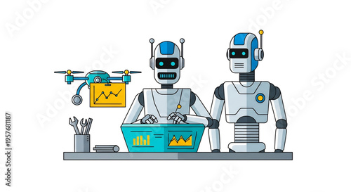 Robots working on a production line assembling products in a factory.