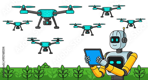 Robot sitting with laptop controlling multiple drones in a field.