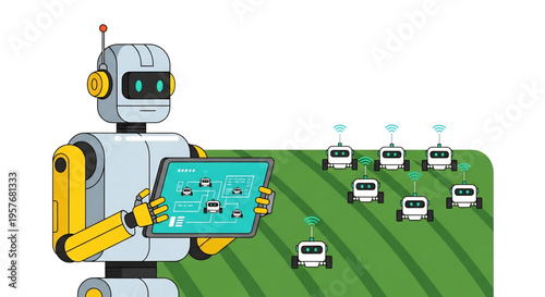 Robot managing smart farming operations using a tablet interface.

