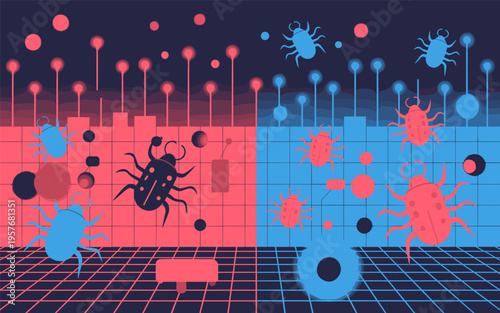 Cyber Security Debugging Flat Illustration of Computer Bugs and Malware in Digital Network