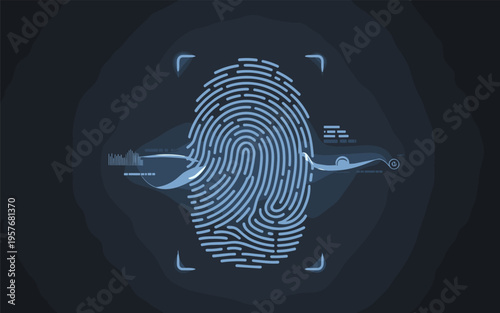 Cyber Security Fingerprint Scanner Illustration, Digital Biometric Identity Authentication Flat Design
