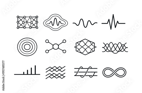 Line style vector icons of rack cooling design: timing mesh, frequency contour, wave line, pulse contour, variation ring, timing