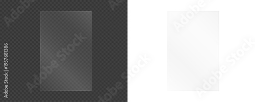 Modern glass overlay with transparent panel and glossy reflections. Rectangular frame with bright light and smooth texture. Isolated vector element.