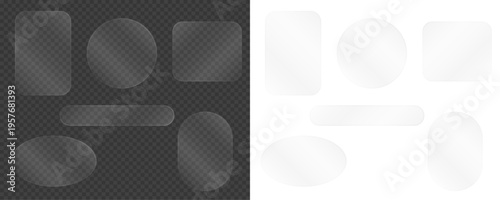 Glossy, transparent glass textures with a bright shine. Transparent glass elements with soft, glowing edges. Vector illustration isolated on a transparent PNG background.