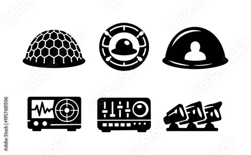 Solid vector icons of light-warping cloaking devices: metamaterial mesh, curvature-control ring, cloaking shell; phase detector,