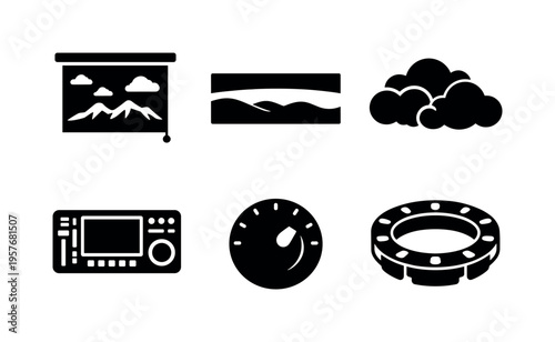 Solid vector icons of sky-imitating concealment systems: projection camouflage sheet, horizon-tone mapping layer,