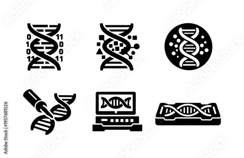 DNA Encryption Icons. Solid vector icons of encrypted-message DNA strands: coded DNA sequence, non-genetic data motif, molecular