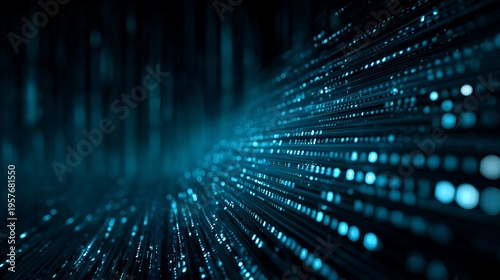 A futuristic digital tunnel of blue light particles and data streams speeding through a dark cyberpunk environment.