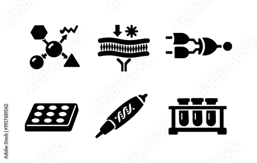 Solid vector icons of intracellular decision-making systems: molecular switch hub, cue-trigger domain, logic-output channel;