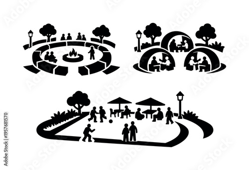 Solid vector icons of community-connection courtyards: open communal ring, conversation pods, flexible-use surface; greenery