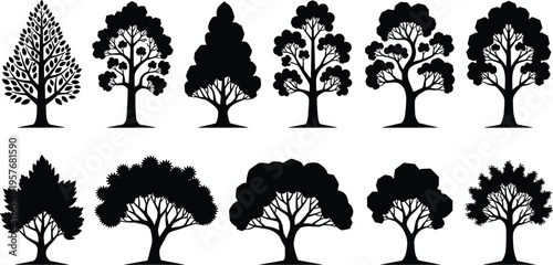 Black silhouettes of various trees on white background