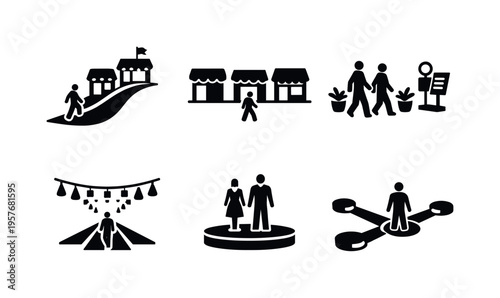 Curated Mall Icons. Solid vector icons of curated customer-journey malls: progressive showcase route, rhythmic display intervals,