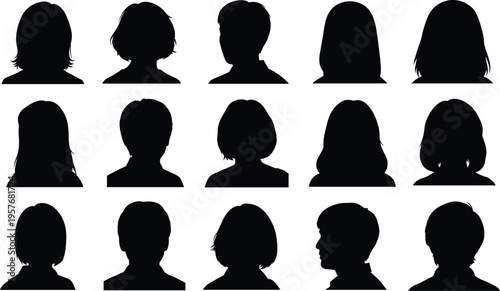 Black silhouettes of people with different hairstyles on white background