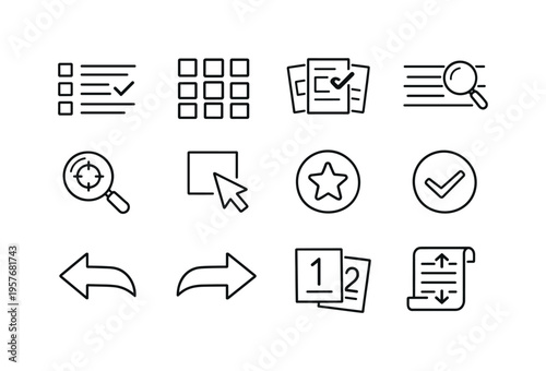 Line style of Search results vector icons: list, grid, cards, rows; highlight, focus, select, mark; next, previous, page, scroll
