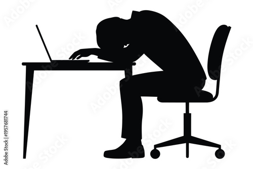 Silhouette of a person slumped over a laptop at a desk, representing fatigue, overwork, burnout, stress, digital exhaustion