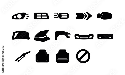 Solid vector icons of auto repair: headlight, taillight, fog light, turn signal, mirror, windshield, car hood, fender, bumper,