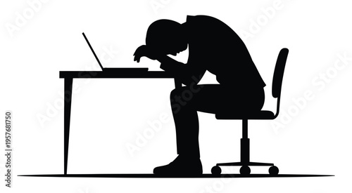 Silhouette of a person slumped over a laptop at a desk, ideal for illustrations about workplace stress, mental health, productivity issues
