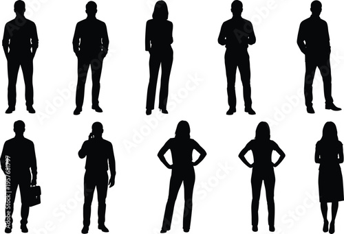 Black silhouettes of ten people in business attire on white background standing
