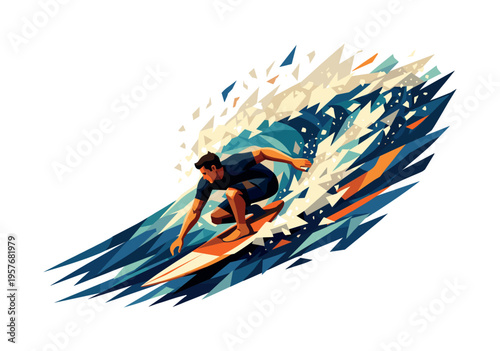 Low-poly vector illustration of a surfer executing a high-speed drop down the wave face, body leaning forward with sharp angular