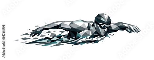 Futuristic Swimmer Burst. Low-poly vector illustration of a swimmer initiating a powerful freestyle burst, faceted angular arms