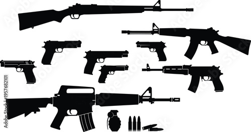 Black silhouettes of various firearms and ammunition guns rifles pistols machine guns shotguns
