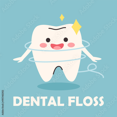 Cute cartoon tooth with dental floss. Hand drawn cartoon sketch vector illustration. Mascot of child stomatology