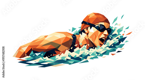 Low-poly vector illustration of a swimmer mid-breath cycle, head turned with angular neck and shoulders, polygonal water