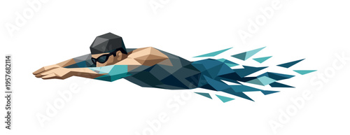 Low-poly vector illustration of a swimmer completing the breath cycle, faceted body rotating back into streamlined position with