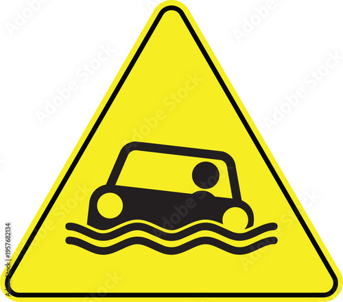 Flood Warning Sign: A symbolic representation of a vehicle submerged in water within a yellow warning triangle, indicating the potential for flooding on the road ahead.