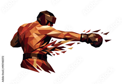 Dynamic Boxing Hook. Low-poly vector illustration of a boxer completing a body hook strike, faceted torso rotated fully with