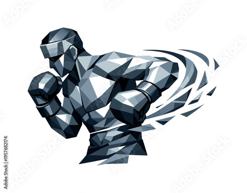 Futuristic Boxer Pose. Low-poly vector illustration of a boxer winding up for a body hook, faceted angular shoulders and torso