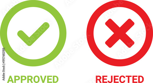 Approved and rejected signs with green checkmark and red cross on white background